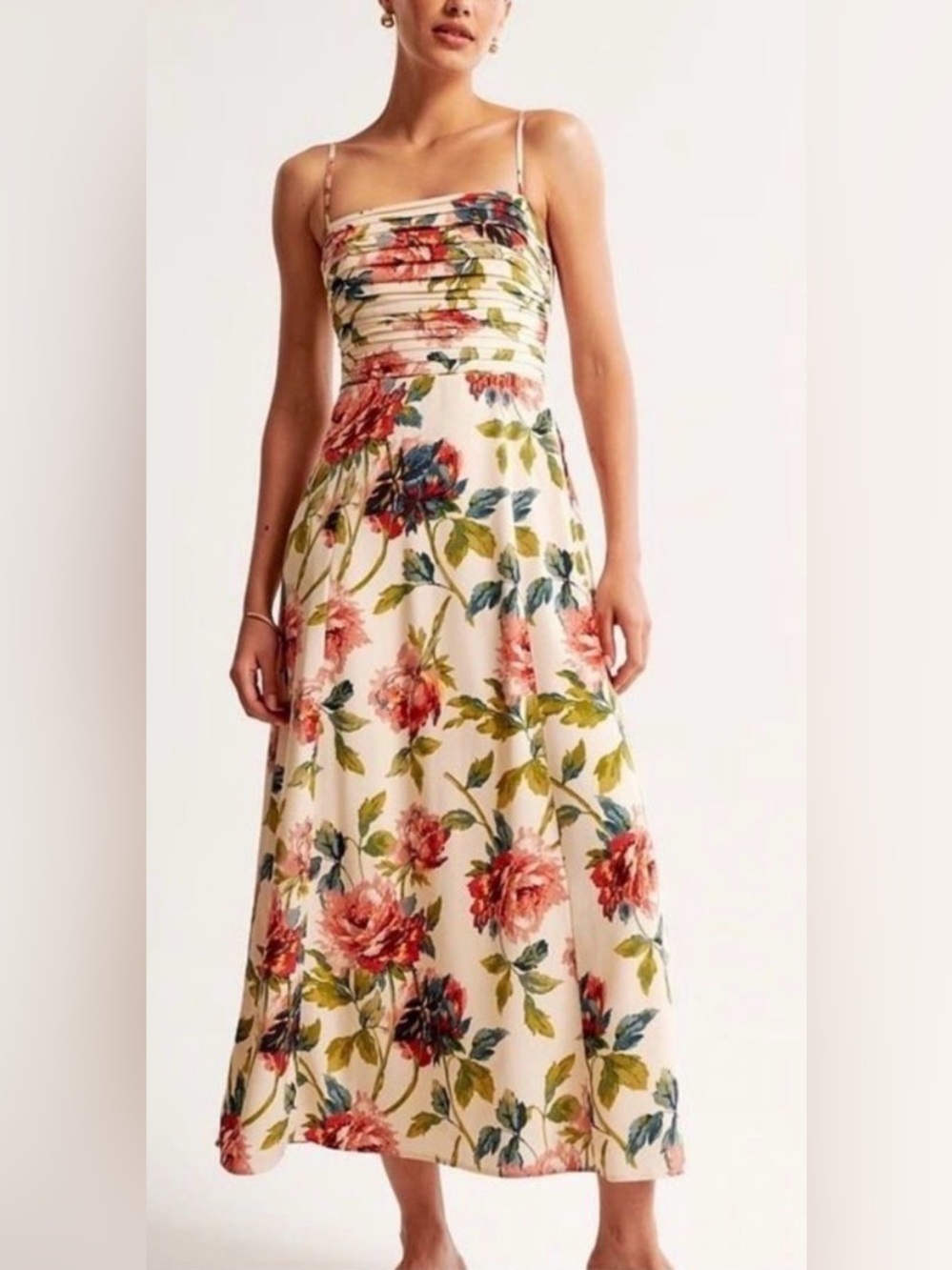 Abercrombie & Fitch Emerson Crepe Midi Dress in Cream Floral Sz Large NEW